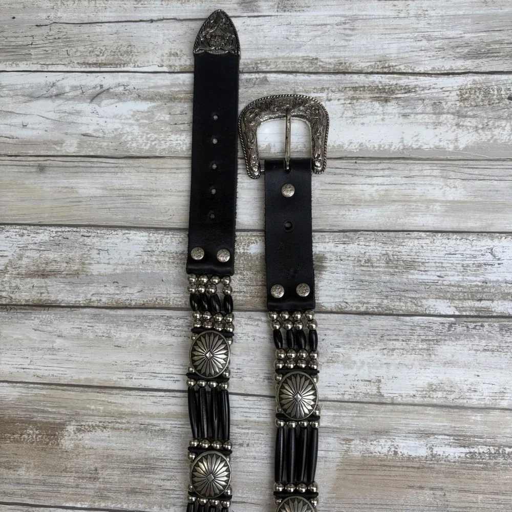 Cactus Mountain Western Belt 38 Handmade Black Silver 4 Strand Bone Beads Concho
